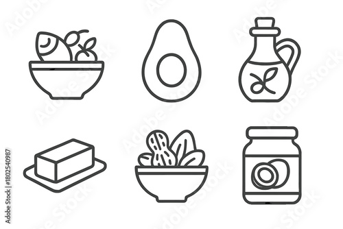 Ketogenic Diet Icons. Line style icons of ketogenic diet: healthy fats, avocado half icon, olive oil bottle, butter stick tag,