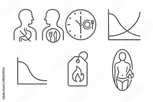 Intermittent Fasting Icons. Line style icons of intermittent fasting: fasting vs feasting state, clock split with meal icon,