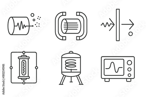 Dark Matter Icons. Line style icons of dark matter: axion detection icon, magnet chamber, light-through-wall test, resonant cavity