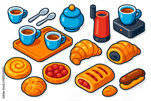 Coffee and Pastry Icons. Isometric vector illustration set Coffee Equipment and Breakfast Treats: espresso cups, demitasse spoons,