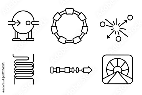 Particle Physics Icons. Line style icons of particle physics: particle accelerator, synchrotron ring, collider icon, magnetic