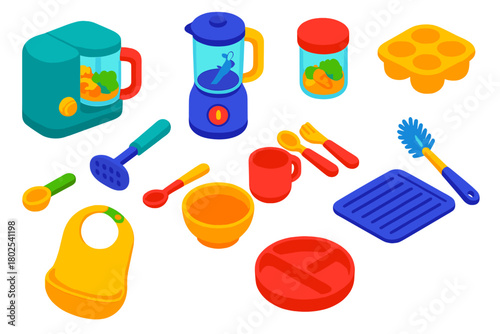 Vibrant Baby Essentials. Isometric vector illustration set Baby Essentials: baby food maker, blender, steamer, storage jar,