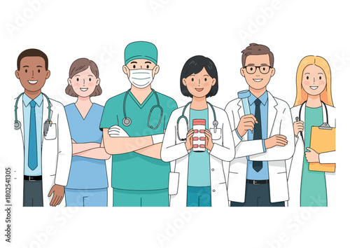 A diverse group of medical professionals stands together, ready to provide care and support.