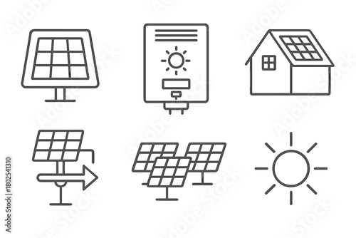 Solar Energy Icons. Line style icons of renewable energy: photovoltaic cell, solar inverter, rooftop solar system, solar tracker,