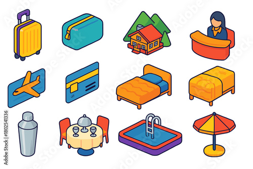 Travel & Hospitality Icons. Isometric vector illustration set Travel and Hospitality: hard case luggage, travel pouch, e-ticket,