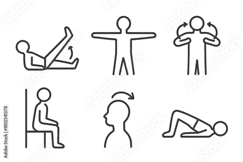 Physical Therapy Icons. Line style icons of physical therapy exercises: leg raise, arm stretch, shoulder rotation, wall squat,