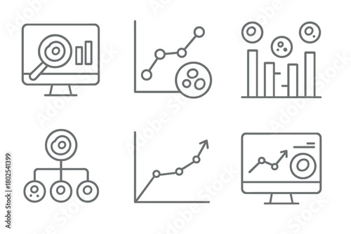 Stem Cell Research Icons. Line style icons of stem cell research: data analysis icon, research graph, stem cell count chart, data