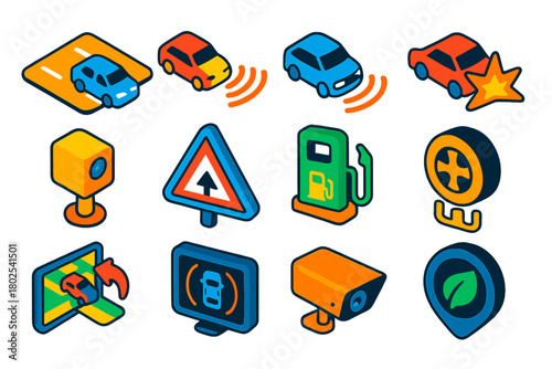 Driving Assistance Icons. Isometric vector illustration set Driving Assistance Icons: lane keep assist icon, blind spot warning,