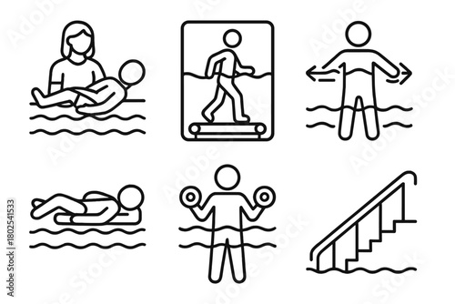 Aquatic Physiotherapy Icons. Line style icons of aquatic physiotherapy: pool therapy session, underwater treadmill, resistance
