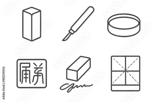 Calligraphy Seal Icon Set. Line style icons of Calligraphy Seal Carving: seal block, carving tool, red paste ink, personal mark,