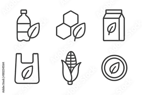 Biodegradable Plastics Icons. Line style icons of biodegradable plastics: leaf and plastic bottle, eco-friendly polymer, bio-based