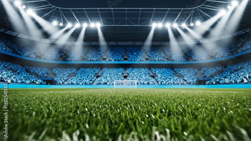 Hyper-realistic cinematic wide shot of an empty football stadium with bright floodlights and blue seats.