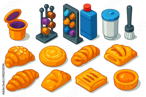 Coffee Tools and Pastries. Isometric vector illustration set Coffee Equipment and Breakfast Treats: reusable coffee pod, pod stand