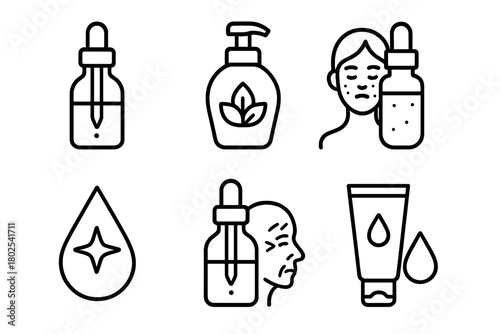 Aromatherapy Icons Collection. Line style icons of aromatherapy for skin care: facial oil, glow blend, acne relief, anti-aging mix