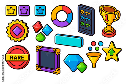 NFT Rarity Icons. Isometric vector illustration set NFT Rarity and Ranking: rarity tier icons, rarity percentage chart, top ranked