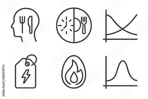 Intermittent Fasting Icons. Line style icons of intermittent fasting: fasting vs feasting state, clock split with meal icon,