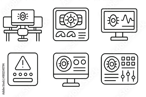 Nuclear Fusion Control Icons. Line style icons of nuclear fusion: control room icon, fusion reactor dashboard, monitoring screen,