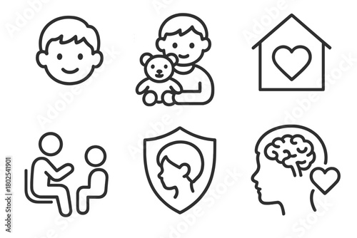 Child Mental Health Icons. Line style icons of mental health: childhood mental health, child with teddy icon, safe space symbol,