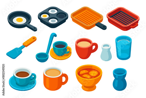 Vibrant Kitchen Icons. Isometric vector illustration set Kitchen and Dining Elements: saucepan without lid, deep sauté pan, grill