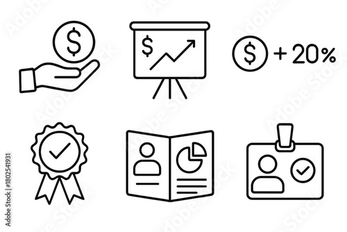 Hedge Fund Icons. Line style icons of hedge funds: incentive fee icon, management fee chart, two-and-twenty formula, audited