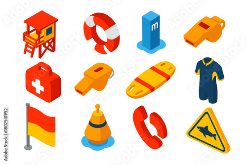 Water Safety Icons. Isometric vector illustration set Water Safety Icons: lifeguard tower, rescue ring, pool depth marker, safety