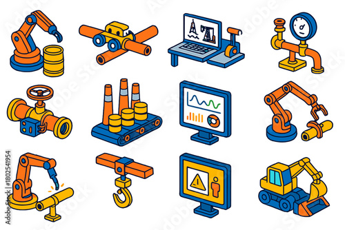 Oil Industry Automation Icons. Isometric vector illustration set Oil and Gas Industry Automation: robotic arm, pipeline inspection