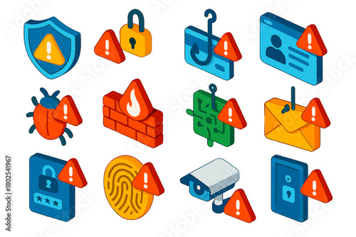 Security Alert Icons. Isometric vector illustration set Business Payments: invoice with paid stamp, business credit card,