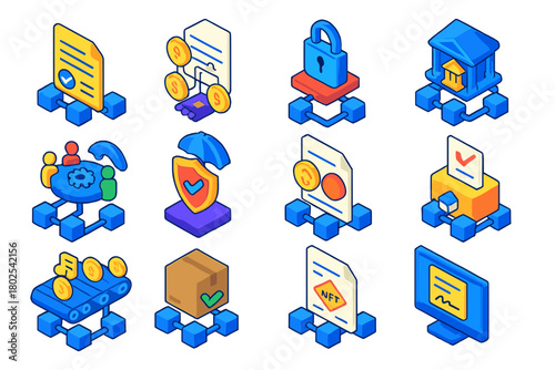 Smart Contract Icons. Isometric vector illustration set Smart Contract Applications: smart contract document, automated payment