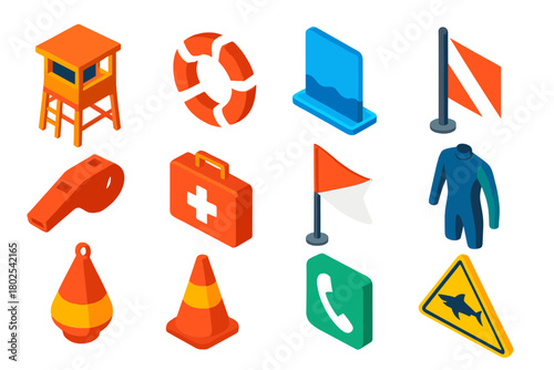 Water Safety Icons. Isometric vector illustration set Water Safety Icons: lifeguard tower, rescue ring, pool depth marker, safety