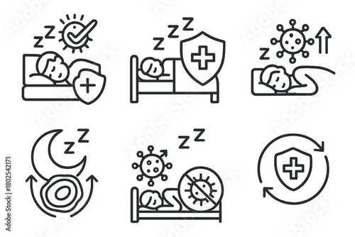 Sleep Therapy Icons. Line style icons of sleep therapy: sleep and immune system, immune shield while sleeping, cell repair icon,