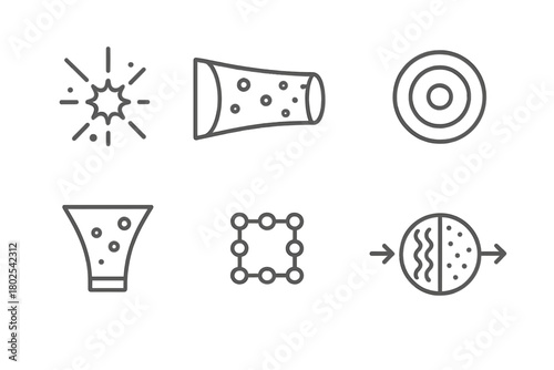Astrophysics Icons. Line style icons of astrophysics: Big Bang model, cosmic timeline, singularity start point, inflation phase,