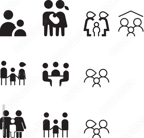 Illustration showing various family structures and relationships represented as simple black and white icons