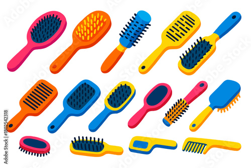 Colorful Hairdressing Tools. Isometric vector illustration set Hairdressing and Grooming Tools: blowout brush, smoothing brush,