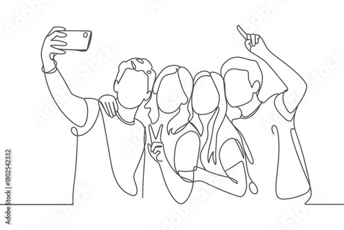 Four friends are taking a selfie together, with one person holding up a smartphone to capture the moment.