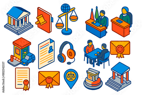 Law and Justice Icons. Isometric vector illustration set Law and Justice: civil court building, corporate law file, international