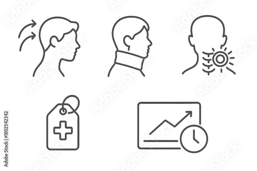 Chiropractic Care Icons. Line style icons of chiropractic care: whiplash and injury recovery, head whip motion symbol, neck brace
