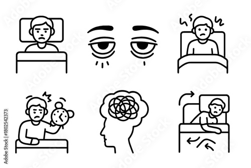 Sleep Therapy Icons. Line style icons of sleep therapy: insomnia symptoms, tired eyes icon, restless figure in bed, alarm clock