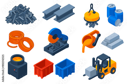 Metal Recycling Icons. Isometric vector illustration set Metal Recycling: scrap metal pile, steel beams, aluminum cans, copper