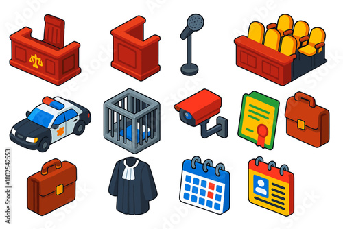 Law and Justice Icons. Isometric vector illustration set Law and Justice: courtroom bench, witness stand, jury box, court