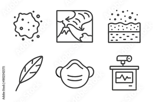 Volcanology Icon Set. Line style icons of volcanology: volcanic ash particle, ash dispersal map, ashfall layer, fine ash symbol,
