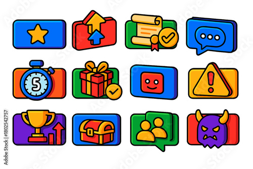 Colorful Gaming Icons. Isometric vector illustration set Gaming Notifications: achievement unlocked popup, level up alert, quest
