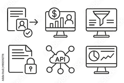 Hedge Fund Line Art. Line style icons of hedge funds: digital onboarding process, online investor portal, fund data feed,