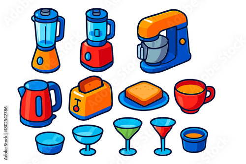 Bold Kitchen Icons. Isometric vector illustration set Kitchen and Dining Elements: blender, food processor, hand mixer, stand