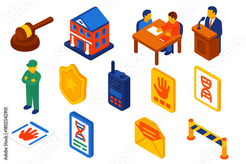 Justice Icons Collection. Isometric vector illustration set Law and Justice: judge’s hammer, legal podium, law firm building,