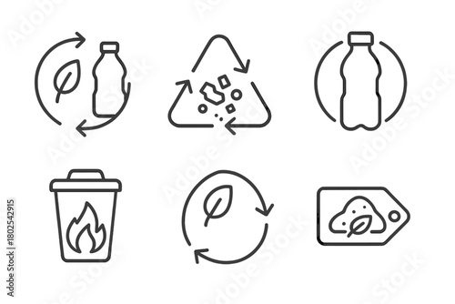 Biodegradable Plastics Icons. Line style icons of biodegradable plastics: waste-to-resource cycle, compost arrow loop, broken-down