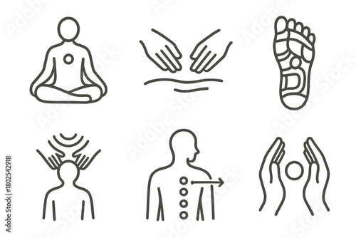 Holistic Healing Icons. Line style icons of holistic healing: holistic bodywork, massage hands icon, reflexology foot map, energy
