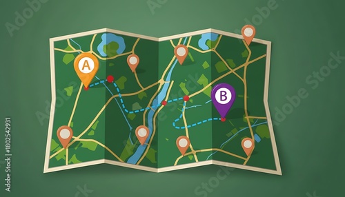 Folded Map with Route Markers and Destination Points A and B