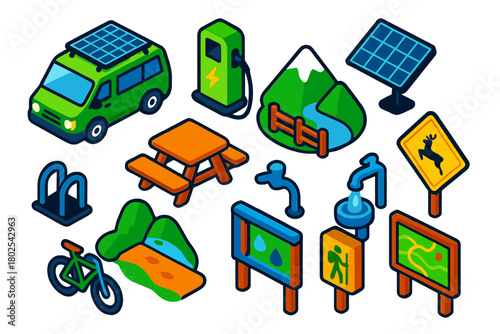 Eco Road Trip Icons. Isometric vector illustration set Eco-Friendly Road Trips: electric camper van, charging station, solar panel