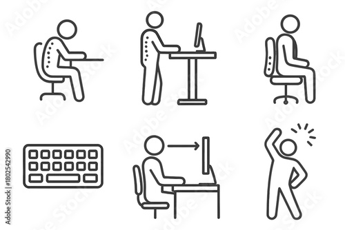 Ergonomic Workplace Icons. Line style icons of chiropractic care: workplace ergonomics, standing desk pose, lumbar chair support,