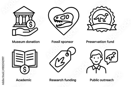 Paleontology Icons Collection. Line style icons of paleontology: museum donation, fossil sponsor icon, preservation fund badge,